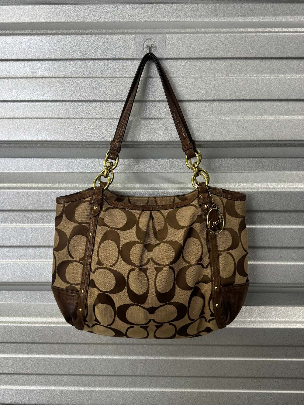 Vintage Coach Signature C Khaki/Brown Canvas & Leather Chain Tote Shoulder Bag